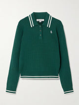 Embroidered Striped Cable-Knit Polo Sweater