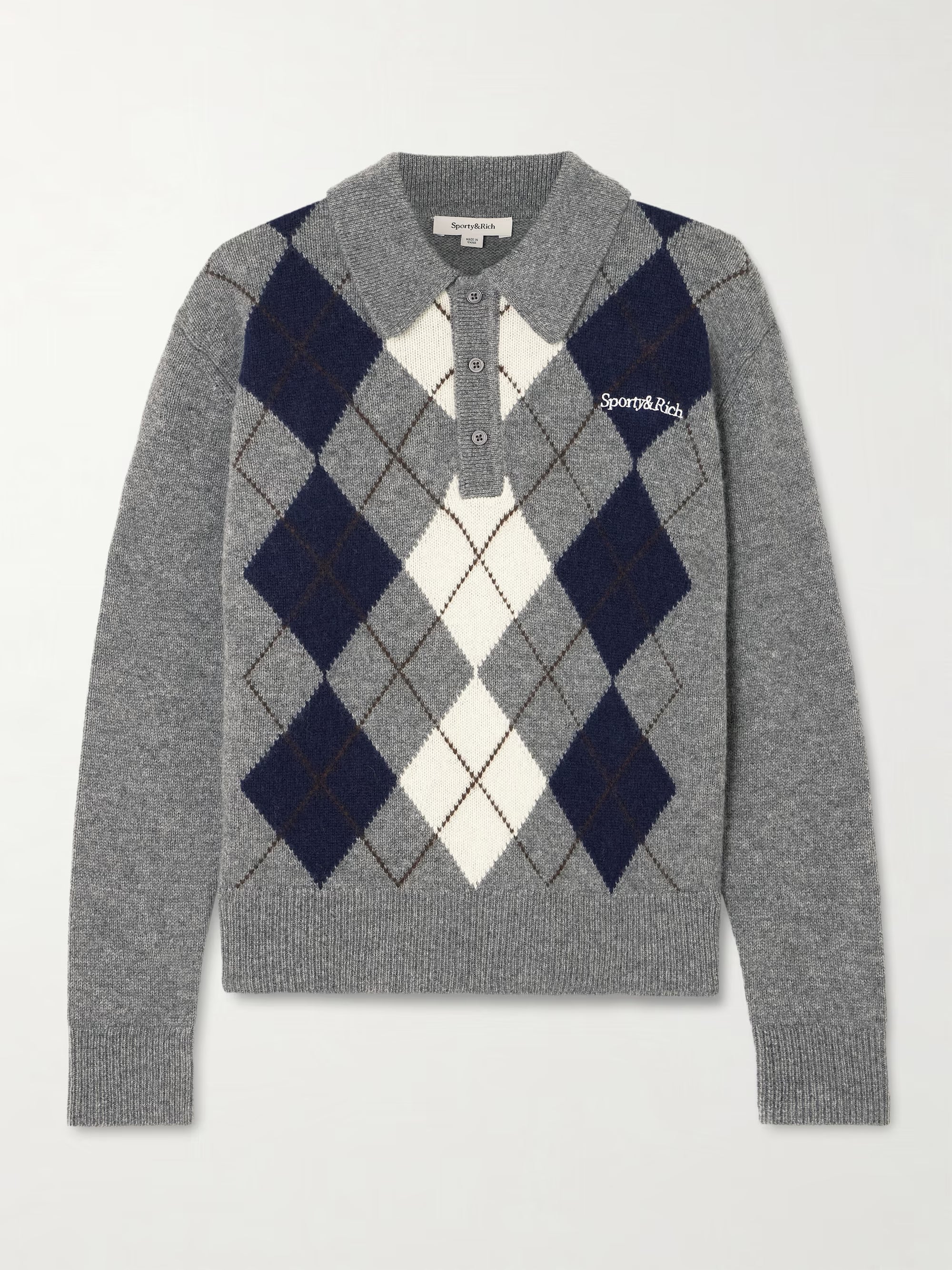 Embroidered argyle cashmere and wool-blend polo sweater