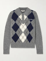 Embroidered argyle cashmere and wool-blend polo sweater
