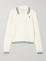 Embroidered Striped Cable-Knit Polo Sweater