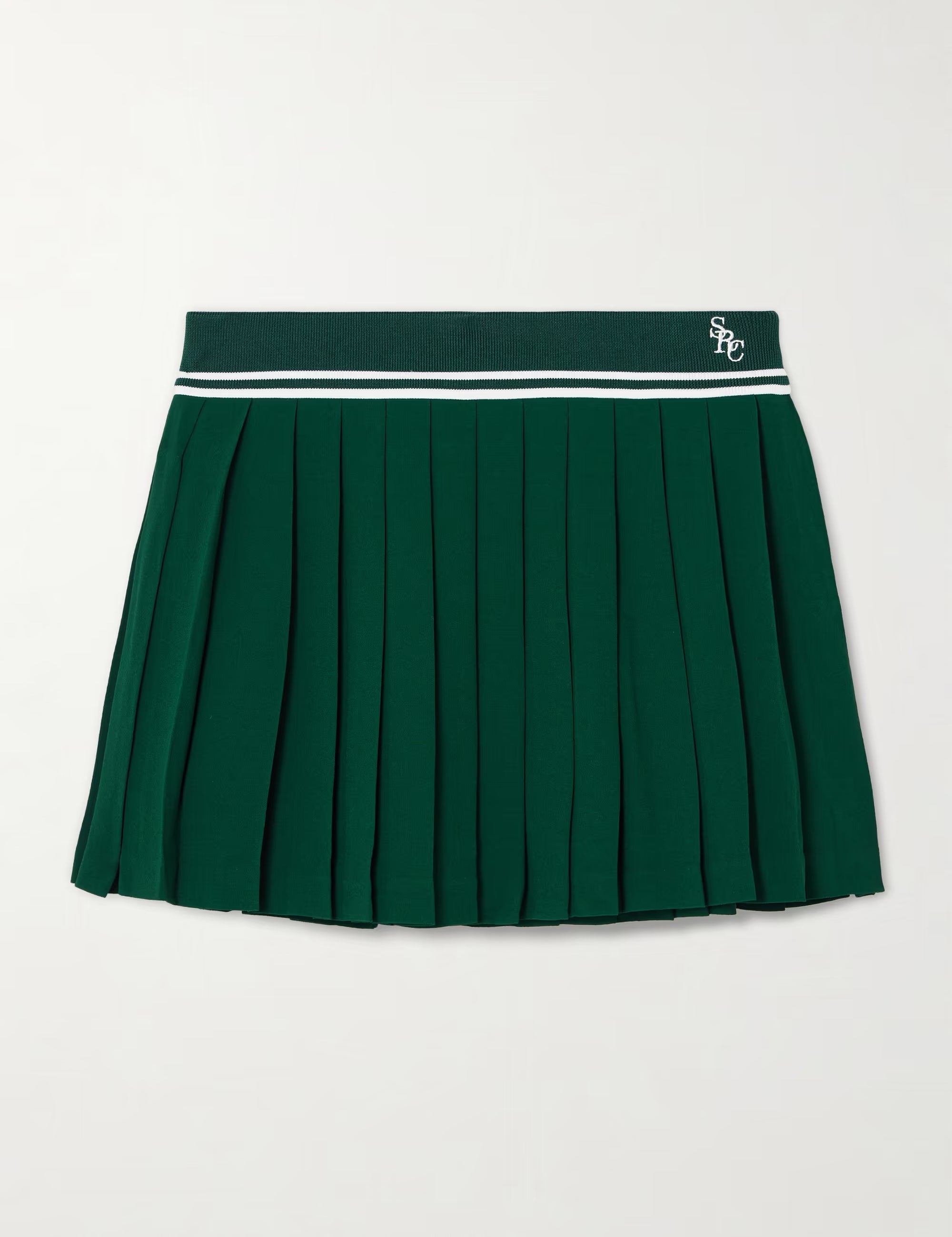 Green pleated skirt with a white waistband on a light gray background