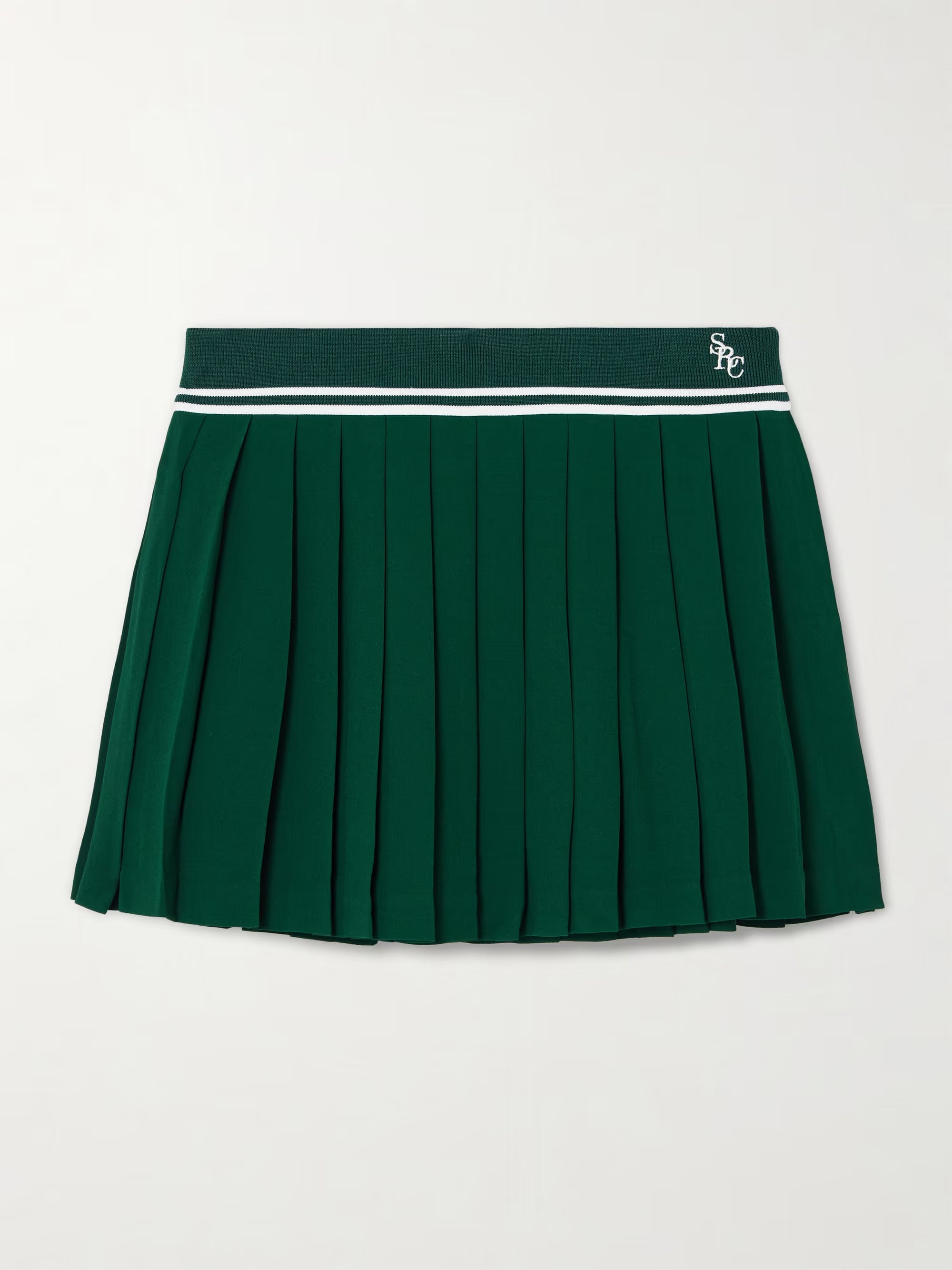 Green pleated skirt with a white waistband on a light gray background